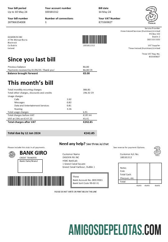 realista Modelo de conta de serviços públicos da Irlanda Three.ie em formatos Word e PDF
